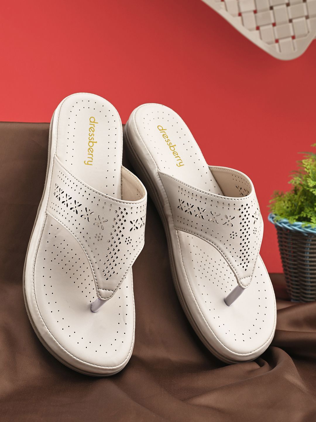 

DressBerry Women Embellished Open Toe Flats with Laser Cuts, Cream