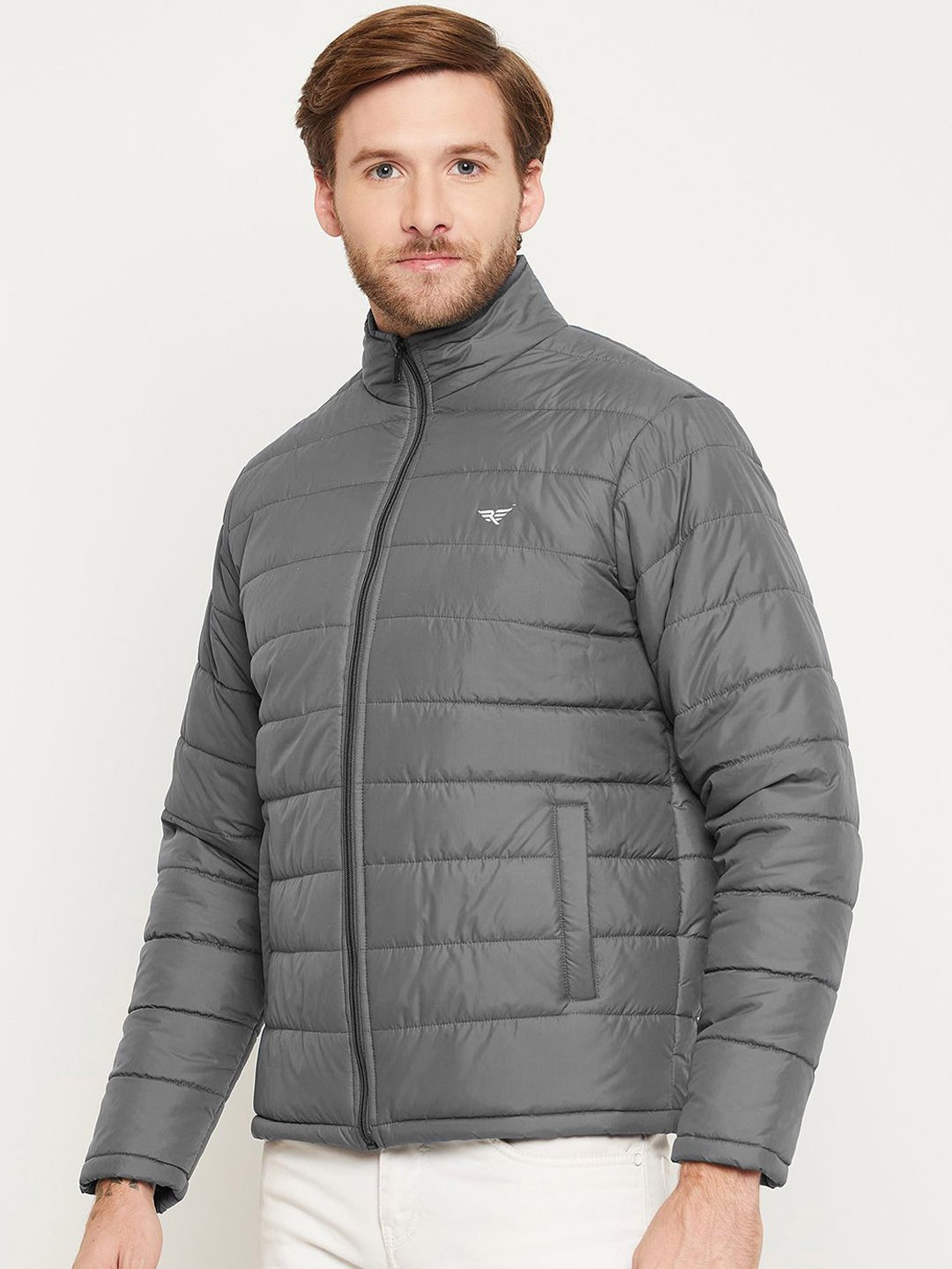 

RISS Men Mock Collar Solid Casual Padded Jacket, Grey