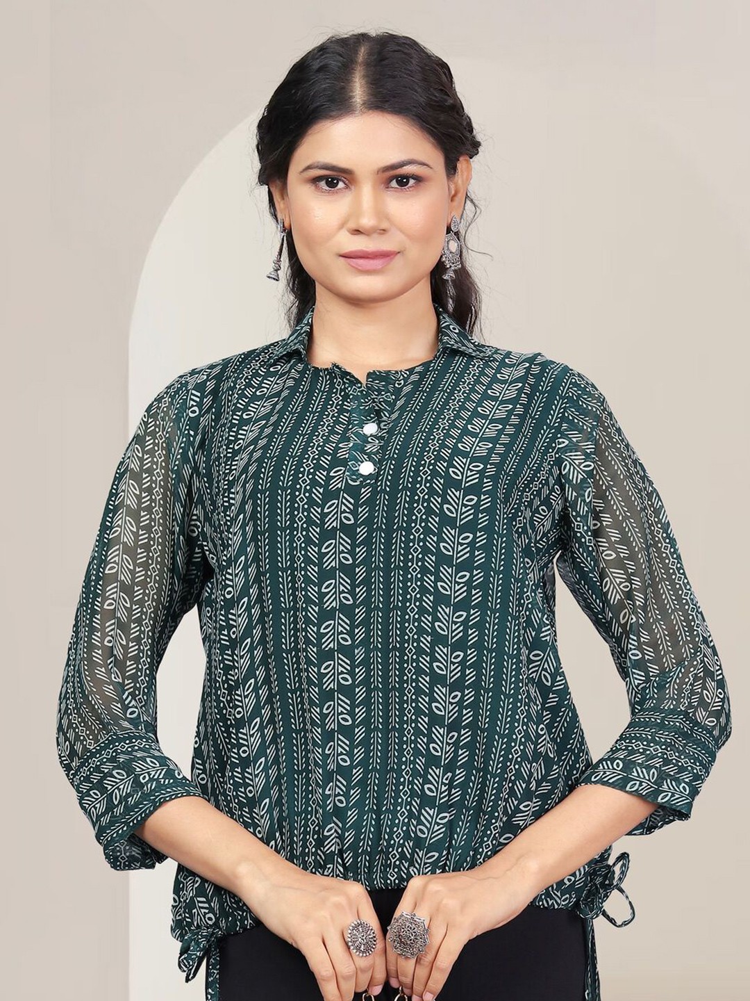 

VAAZI CREATOR Women Ethnic Motifs Printed Shirt Collar Top, Green
