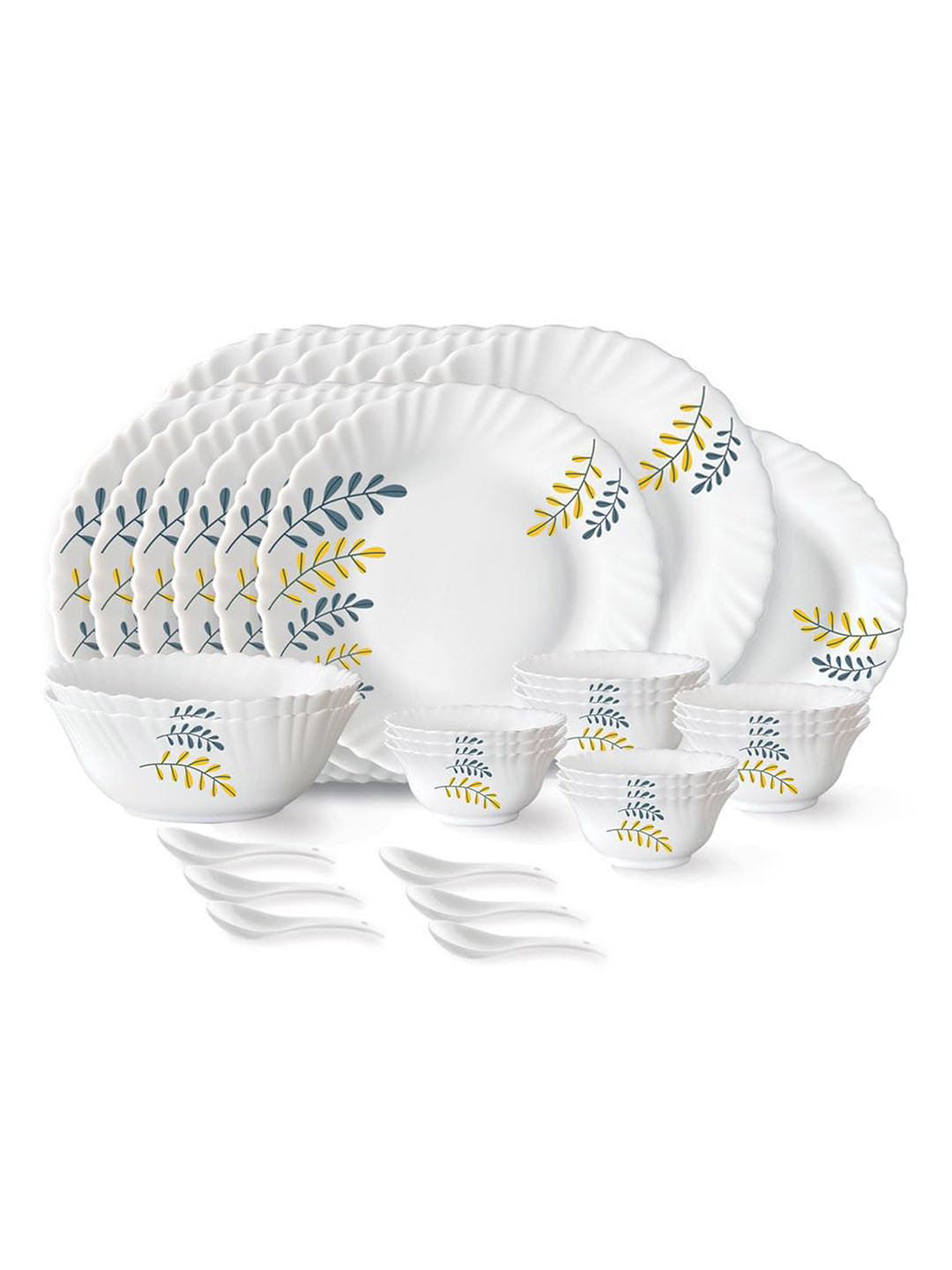 

Larah by BOROSIL Niva 33-Pcs White & Blue Printed Dinner Set