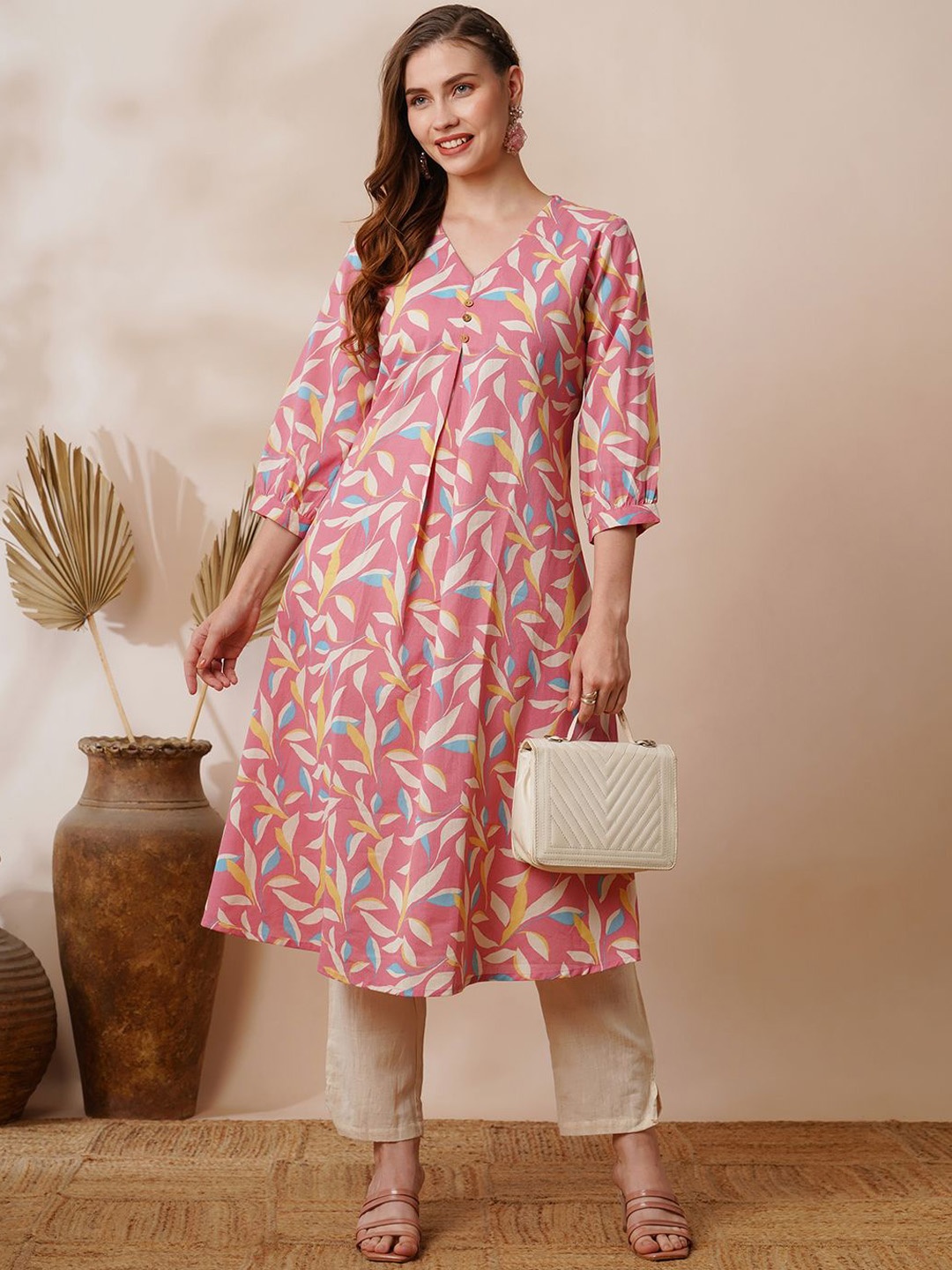 

KALINI Floral Printed Pleated Pure Cotton Kurta With Trousers, Pink