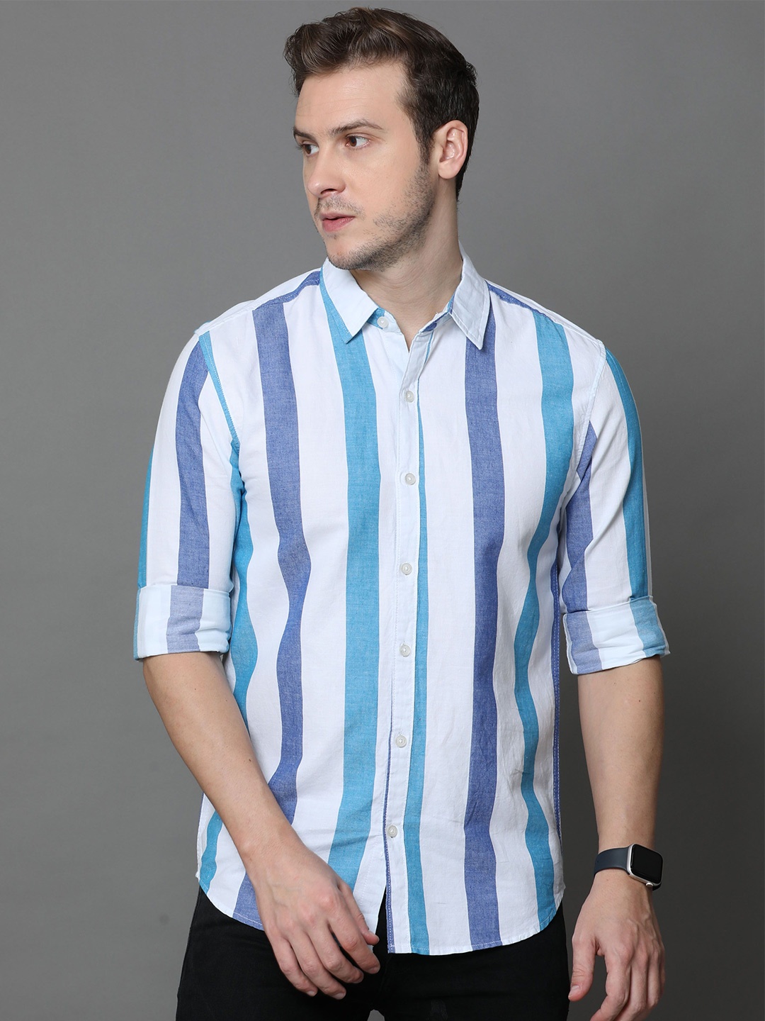 

Rope Men Standard Spread Collar Horizontal Striped Cotton Slim Fit Casual Shirt, Blue