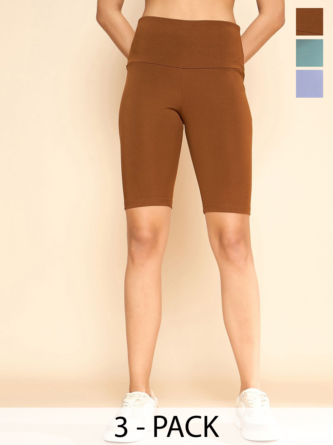 

COLOR CAPITAL Women Pack Of 3 Above Knee Length Cycling Tights, Brown