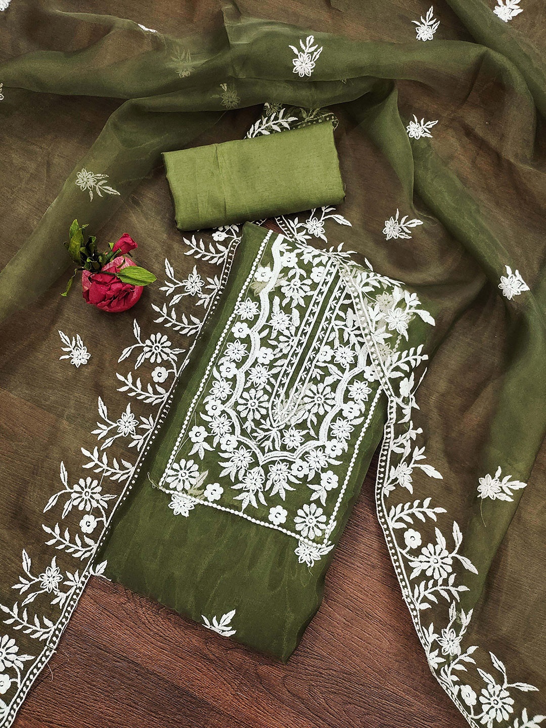 

Maroosh Floral Embellished Thread Work Organza Unstitched Dress Material, Olive