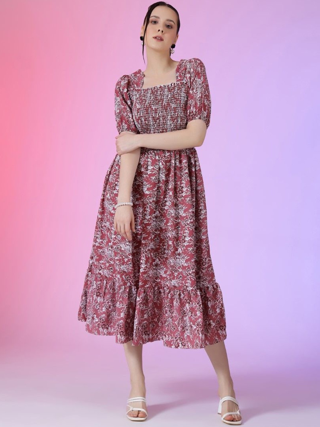 

Raiyani Enterprise Women Printed Puff Sleeve Fit & Flare Dress, Pink