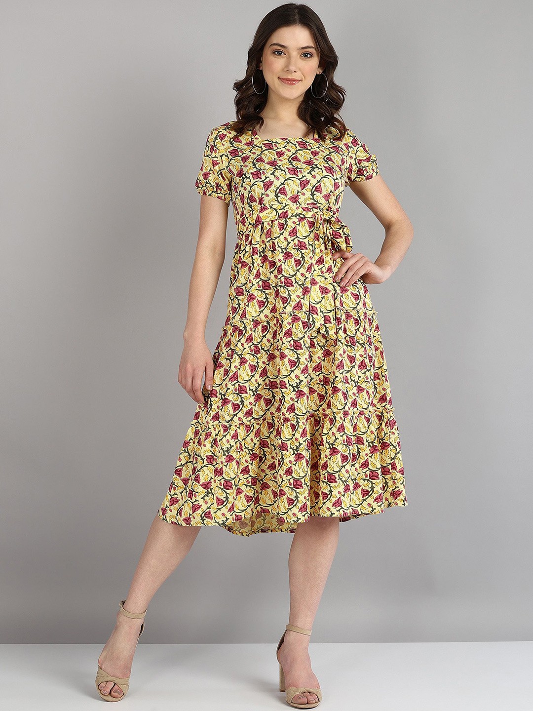 

Shiv ali apparels Women Floral Printed A-Line Midi Dress, Yellow