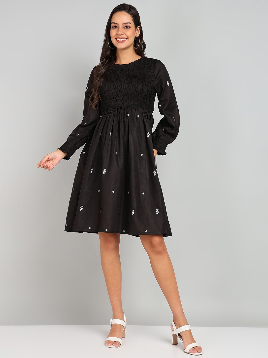 

Shiv ali apparels Women Printed Puff Sleeve Fit & Flare Cotton Dress, Black