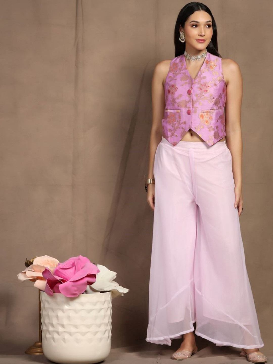 

SHADES OF FAASHION Floral Printed V-Neck Waistcoat & Palazzos, Pink
