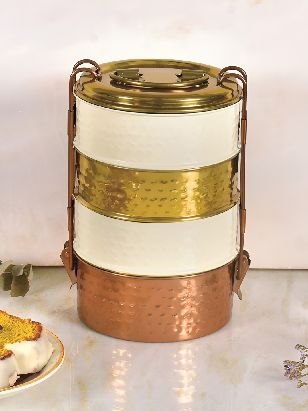 

Living With Elan White & Gold-Toned Stainless Steel 4 Tier Lunch Box