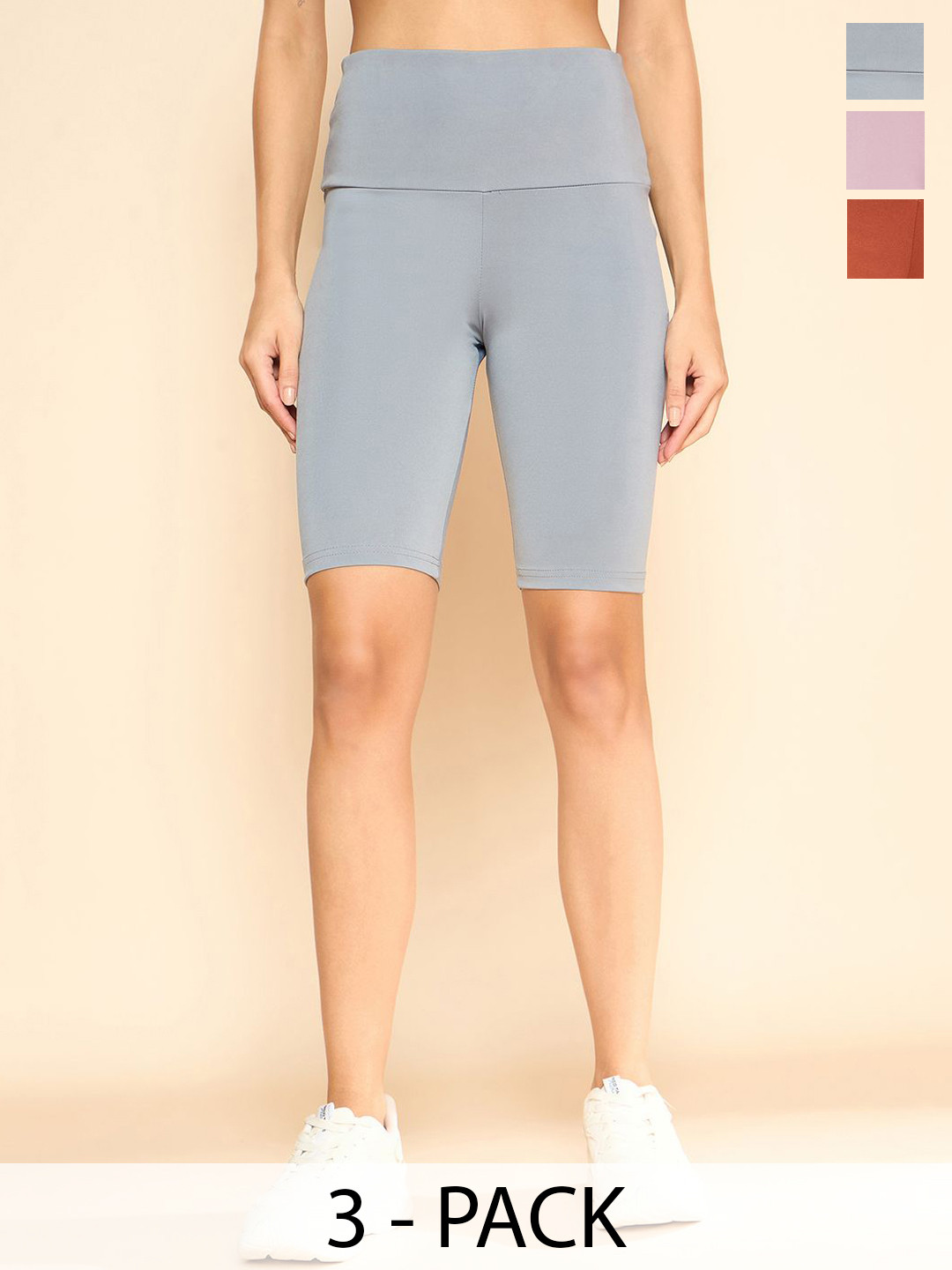 

COLOR CAPITAL Women Pack Of 3 Slim-Fit Above Knee-Length Cycling Tights, Grey