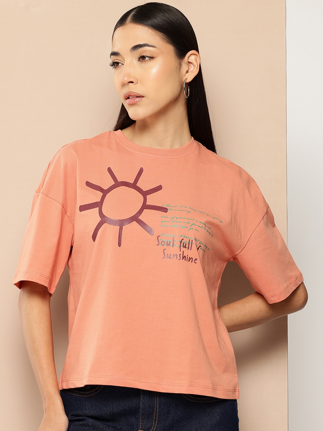

Chemistry Women Printed Pure Cotton T-shirt, Peach