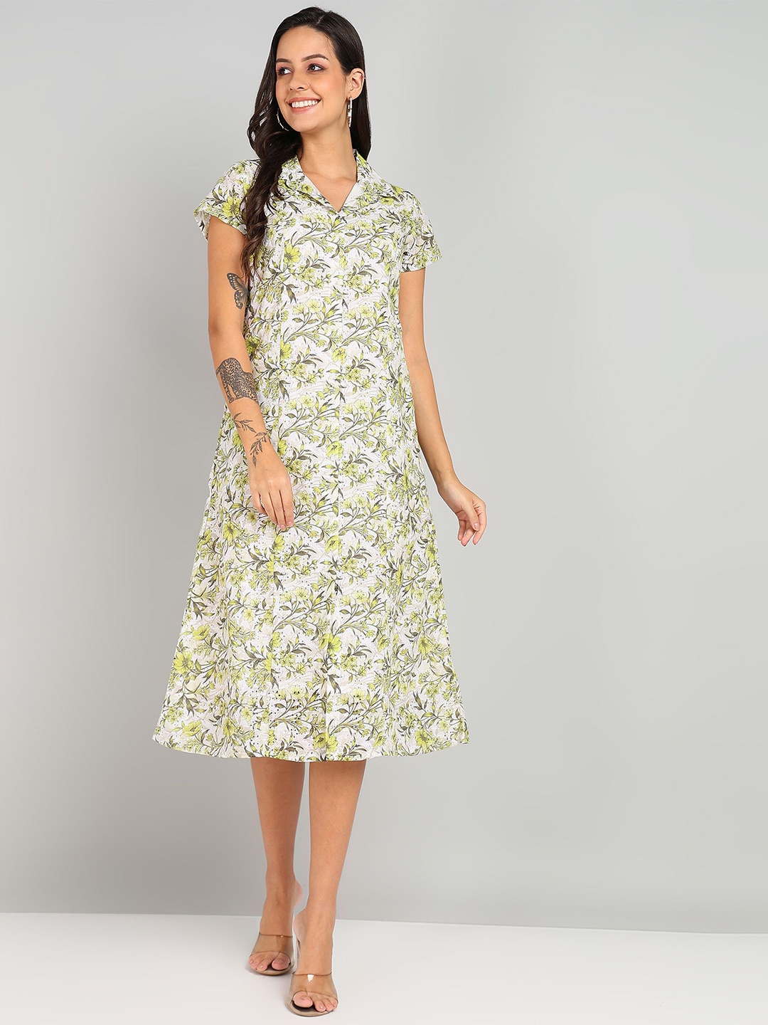 

Shiv ali apparels Women Floral Print A-Line Midi Dress, White