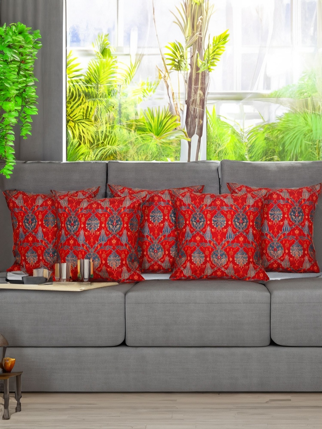 

ZEBA Red & Grey 5 Pieces Floral Embroidered Square Cushion Covers