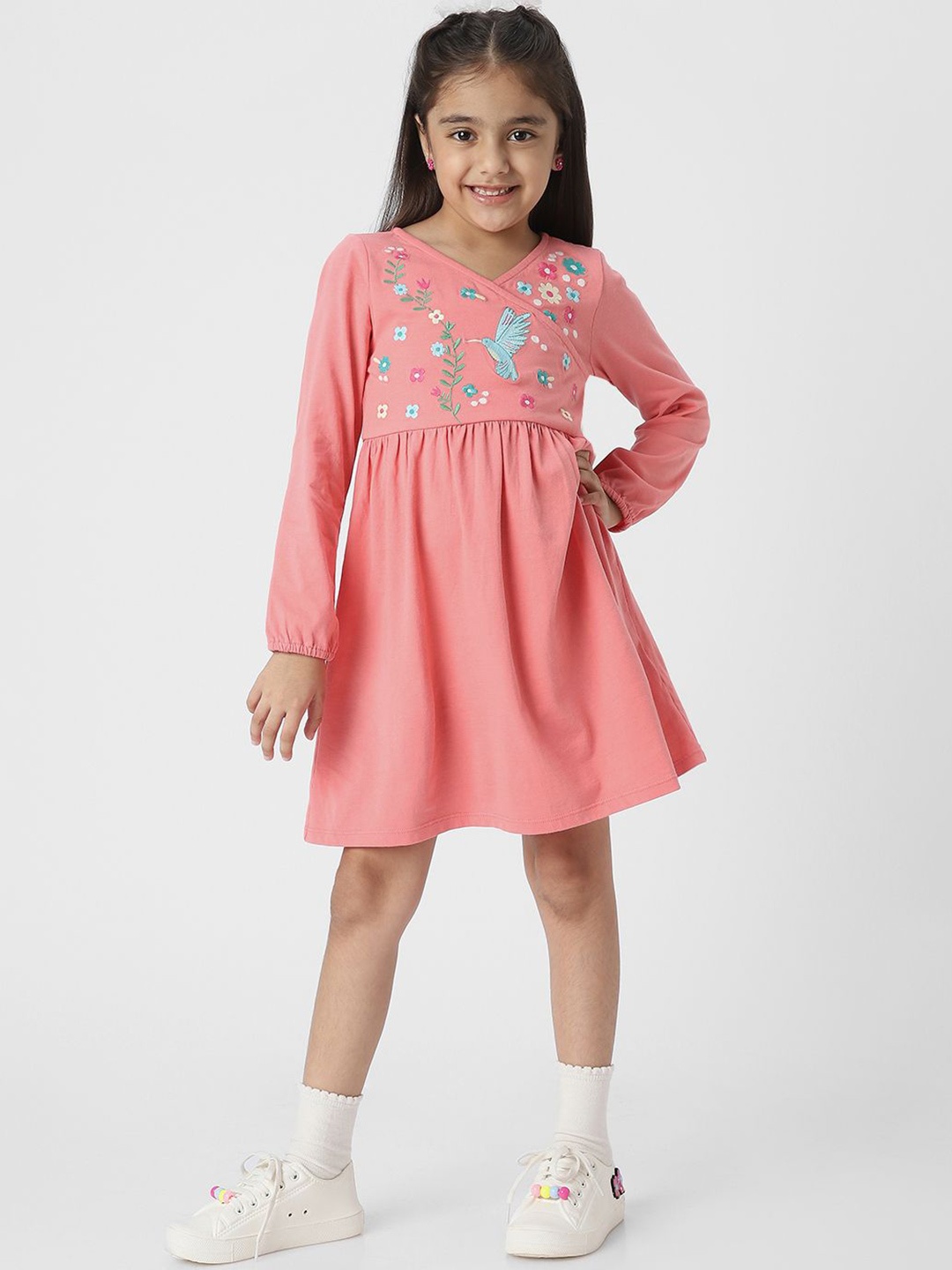 

Nauti Nati Girls Cotton Embroidered Puff Sleeve Fit and Flare Dress, Peach