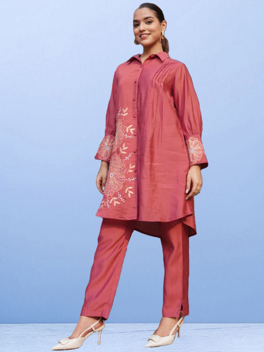 

CUSTARD Floral Embroidered Tunic & Trousers, Rust