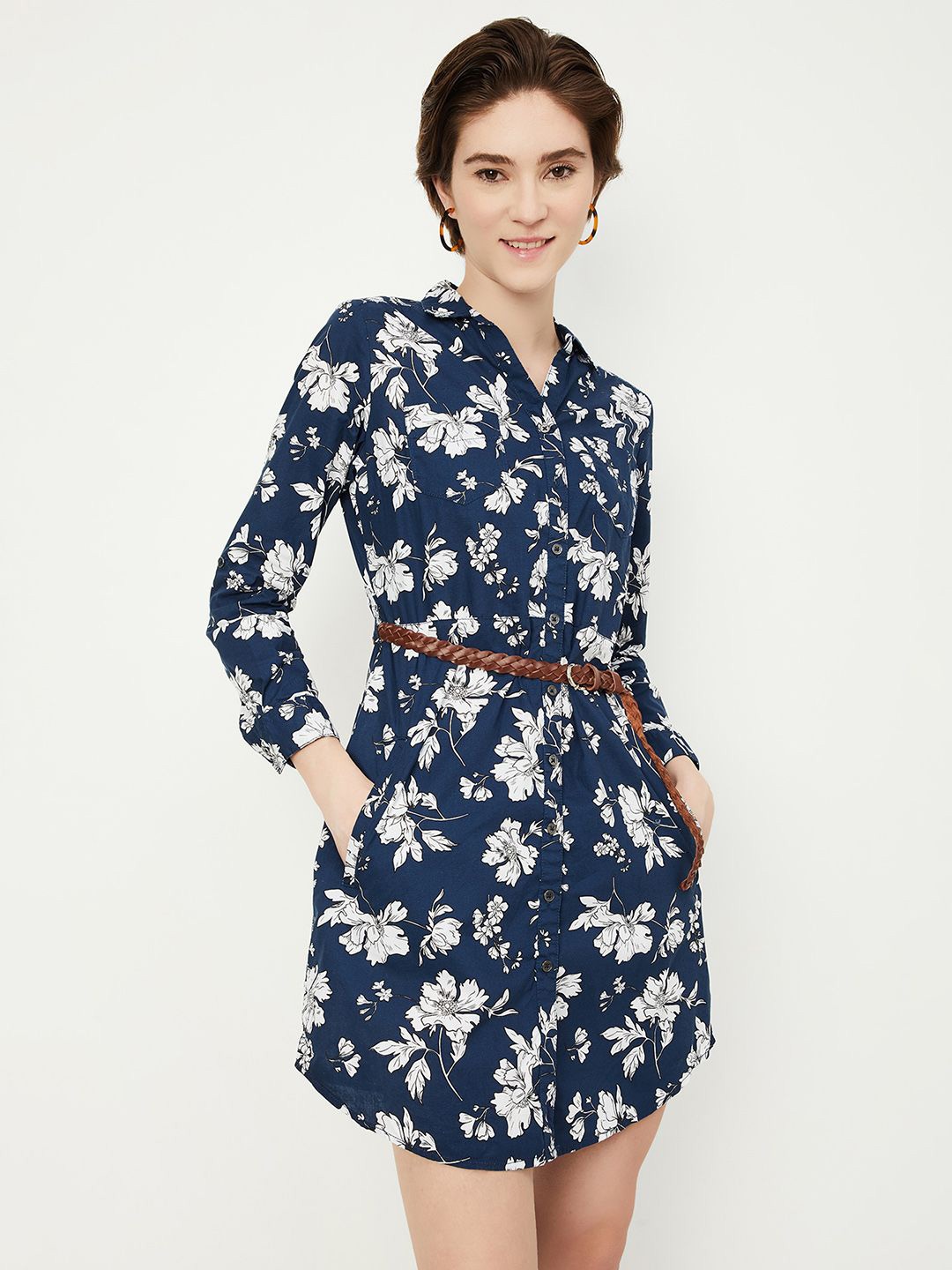

max Women Floral Printed Pure Cotton Shirt Dress, Navy blue
