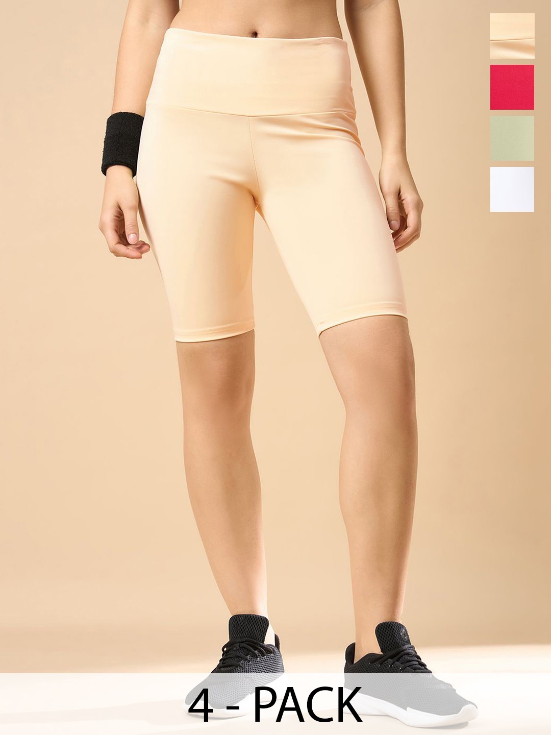 COLOR CAPITAL Women Pack Of 4 Above Knee-Length Cycling Tights, Cream