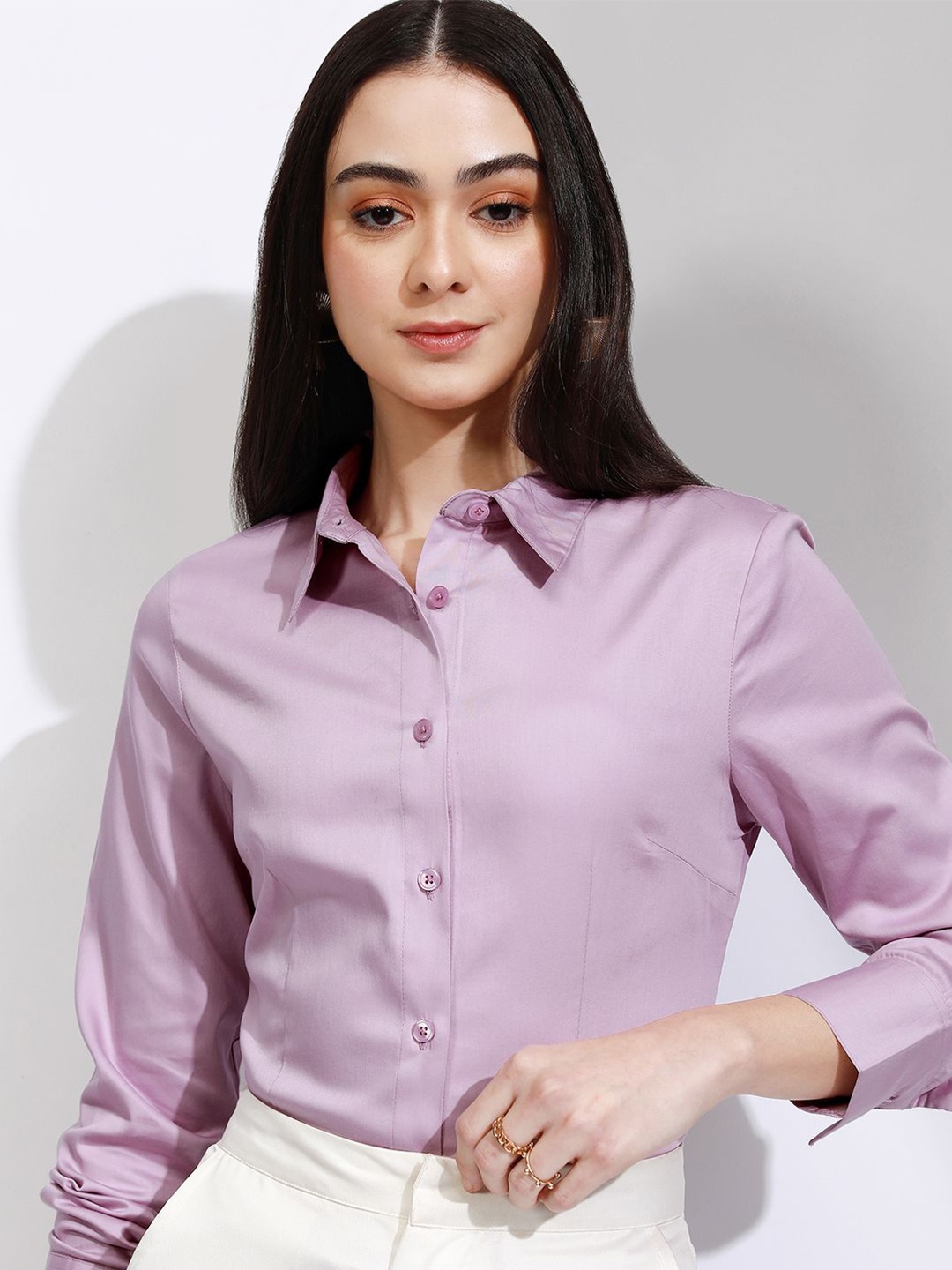 

Tokyo Talkies Women Solid Buttondown Satin Shirt, Purple