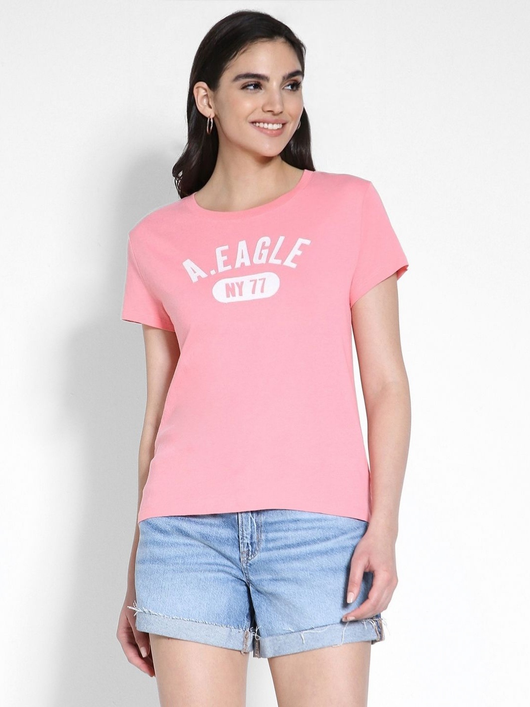 

AMERICAN EAGLE OUTFITTERS Women Typography Printed Round Neck Cotton T-shirt, Pink