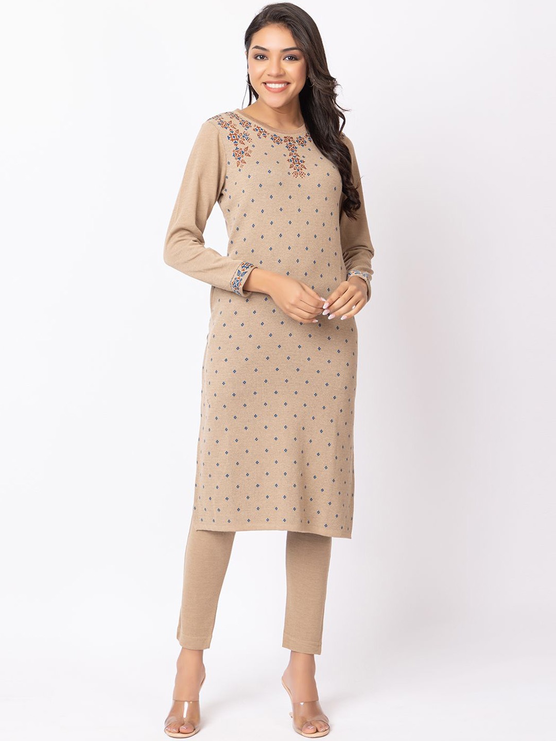 

KEIKO Geometric Woven Design Acrylic Kurta, Beige