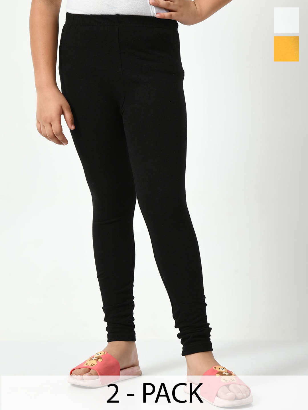 

KAYU Pack Of 2 Girls Cotton Mid-Rise Churidar Length Leggings, Black