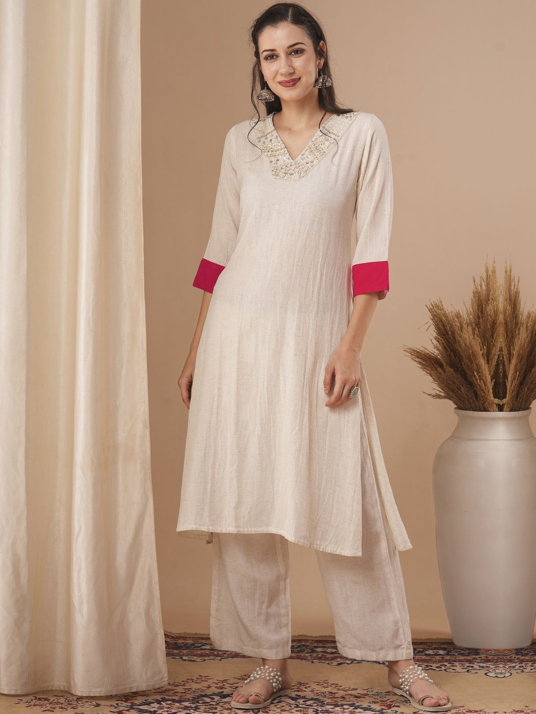 

FASHOR Embroidered Tunic With Palazzo Co-Ords, Off white