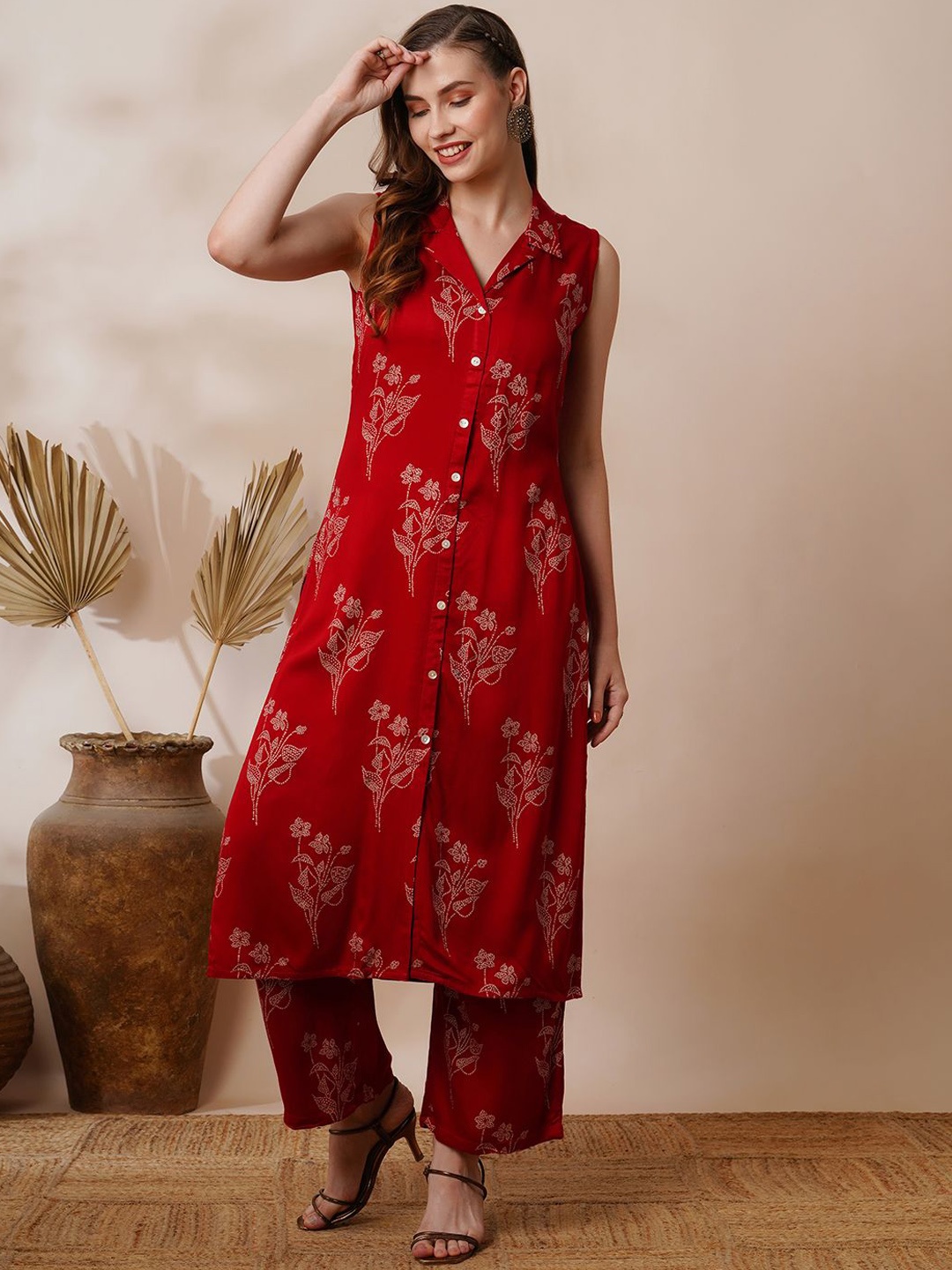 

KALINI Ethnic Motifs Printed Kurta with Palazzo, Red