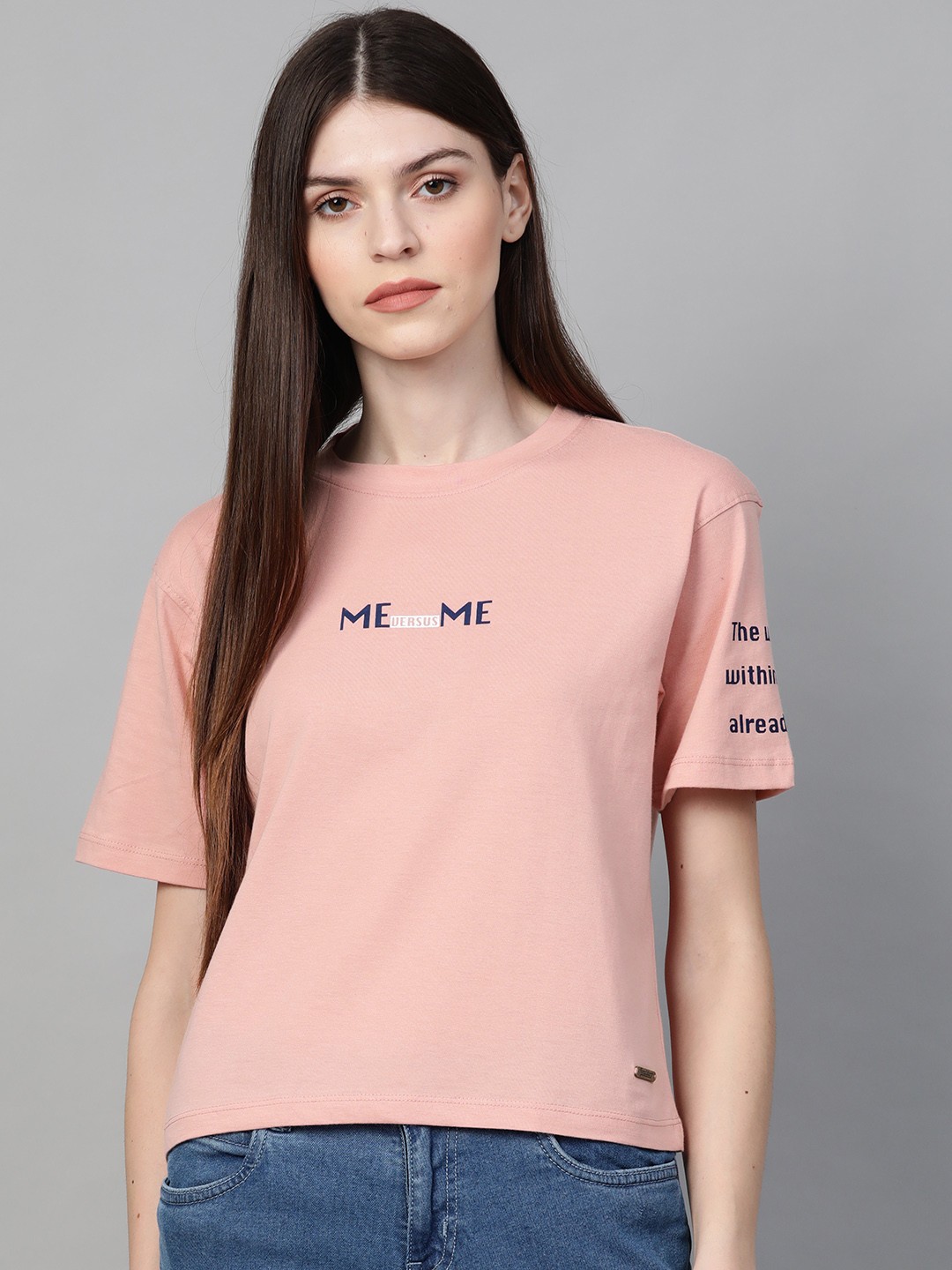 

Roadster Women Pink Printed Detail Round Neck T-shirt