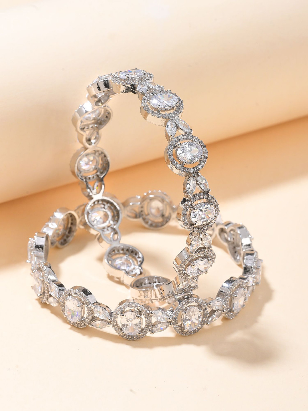 

Designbox Set Of 2 Silver Plated CZ Stone Studded Bangles