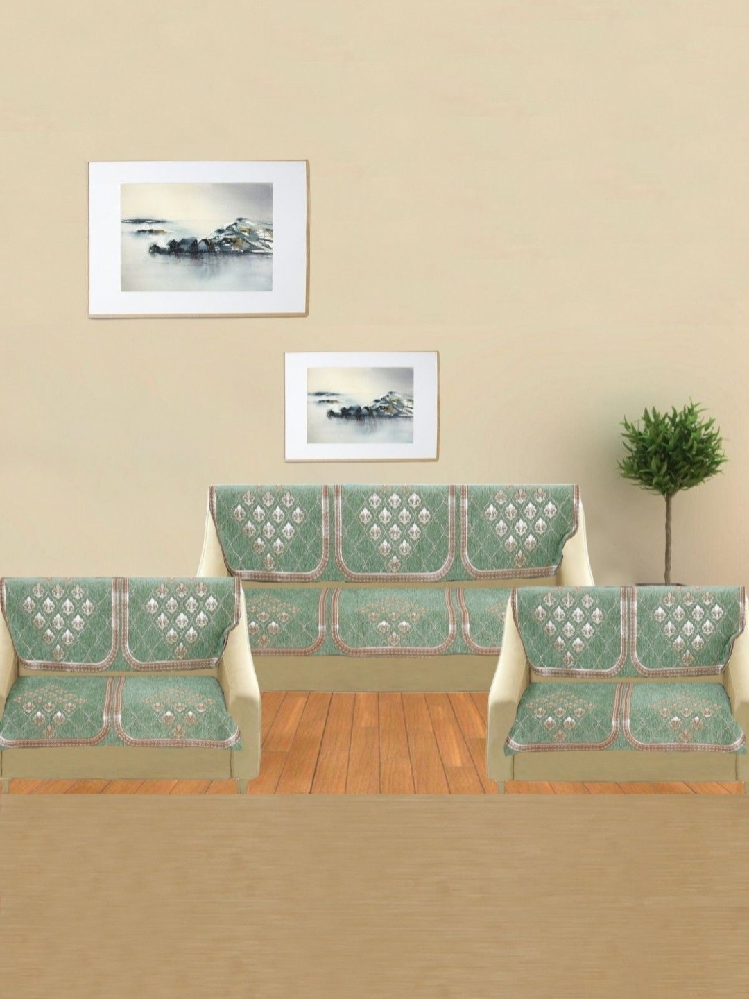 

BREVARD Green & Gold Toned 14 Pieces Floral Printed 6 Seater Sofa Covers