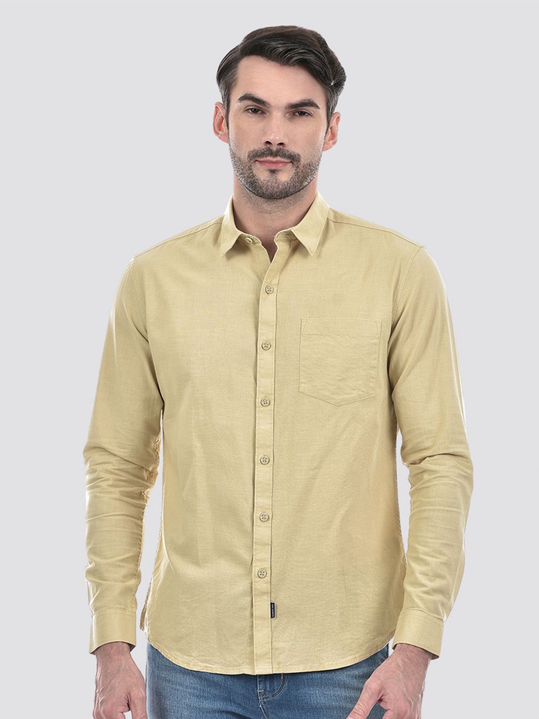 

Numero Uno Men Spread Collar Solid Cotton Slim Fit Casual Shirt, Beige