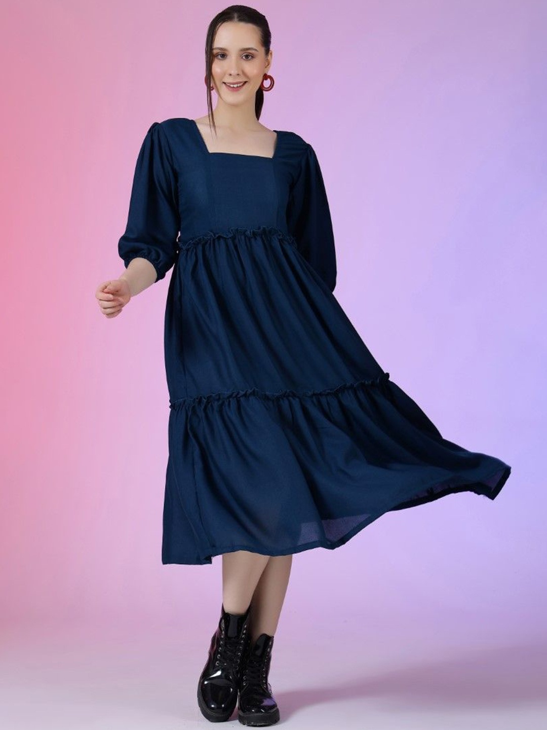 

Femvy Women Puff Sleeve Fit & Flare Dress, Blue