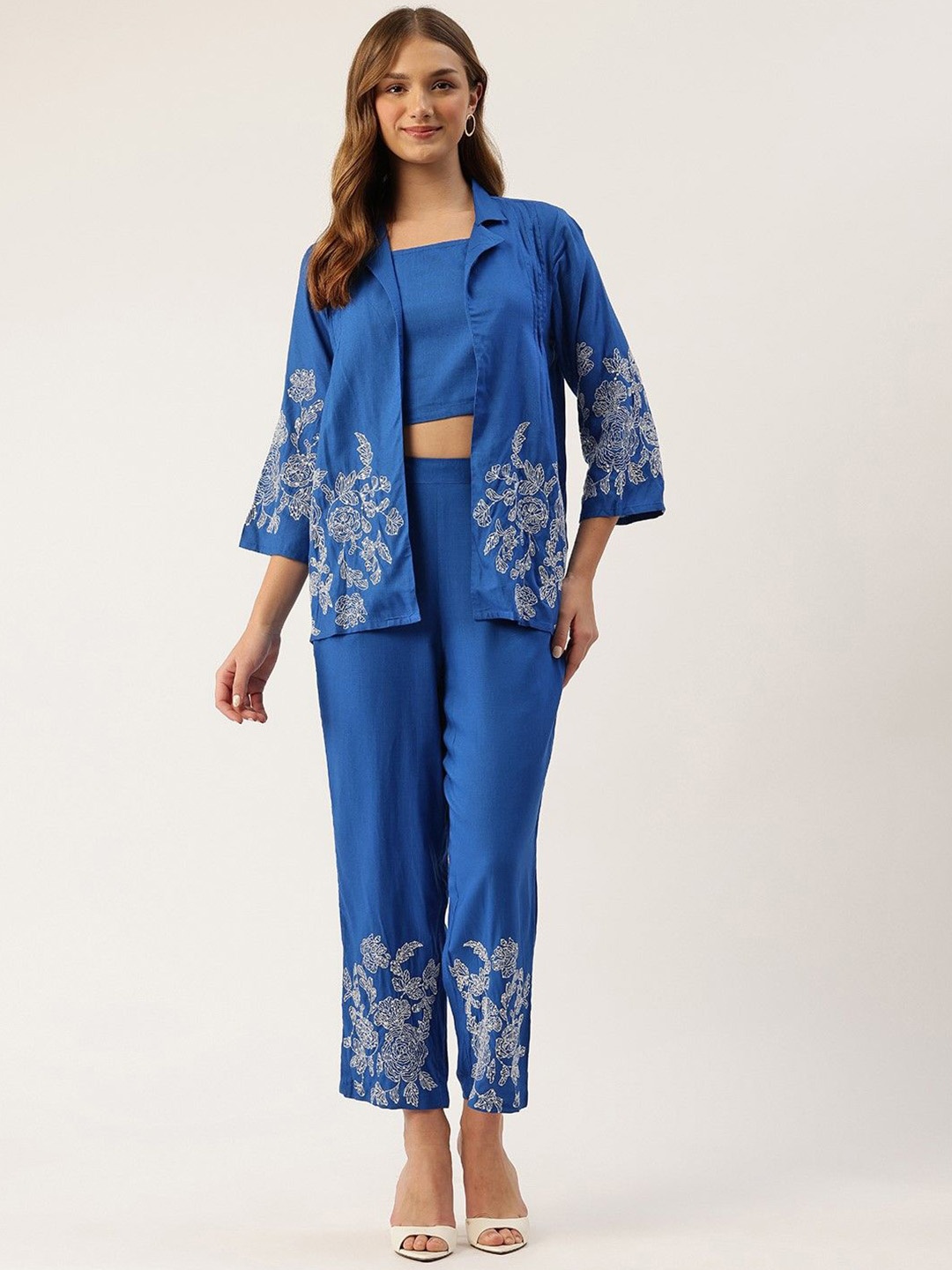 

AUTUMN LANE Women Embroidred Top & Jacket With Trousers Pure Cotton Co-Ords, Blue