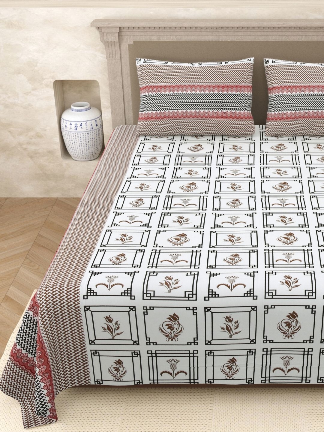 

Aura Elegant White Ethnic Motifs Jaipuri Print Pure Cotton 210 TC Queen Bedsheet Set
