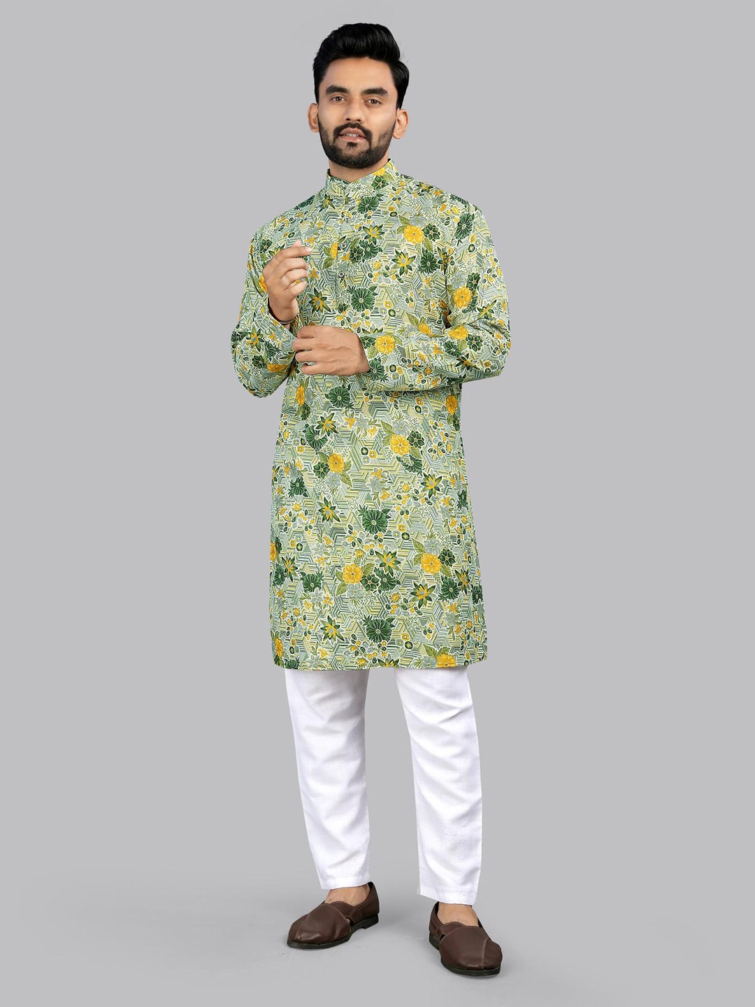 

allan peter Men Floral Printed Cotton Kurta, Green