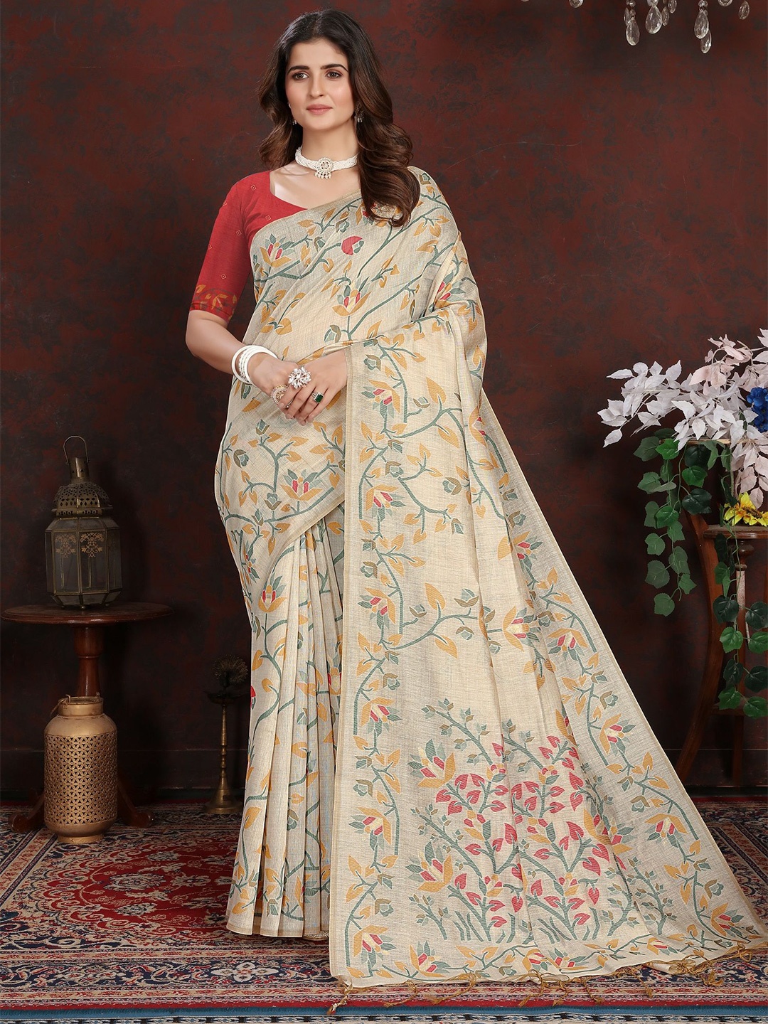 

MAHALASA Ethnic Motifs Printed Pure Cotton Saree, Beige