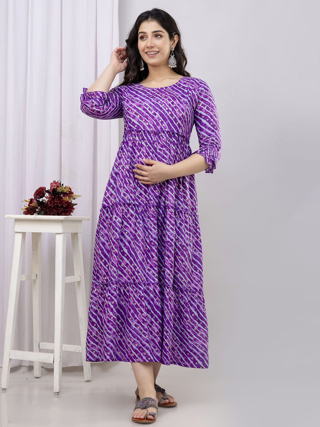 

VARICOS Striped Pure Cotton Maternity Fit and Flare Midi Dresses, Purple