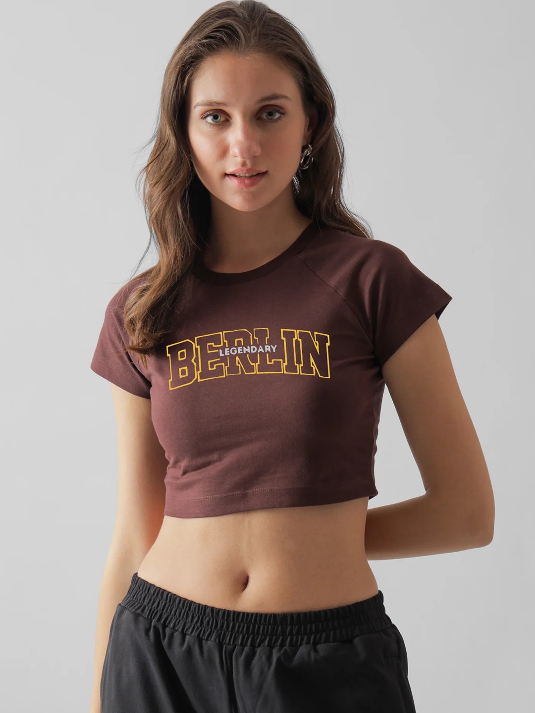 

BOTNIA Women Printed Cotton Crop Top, Brown