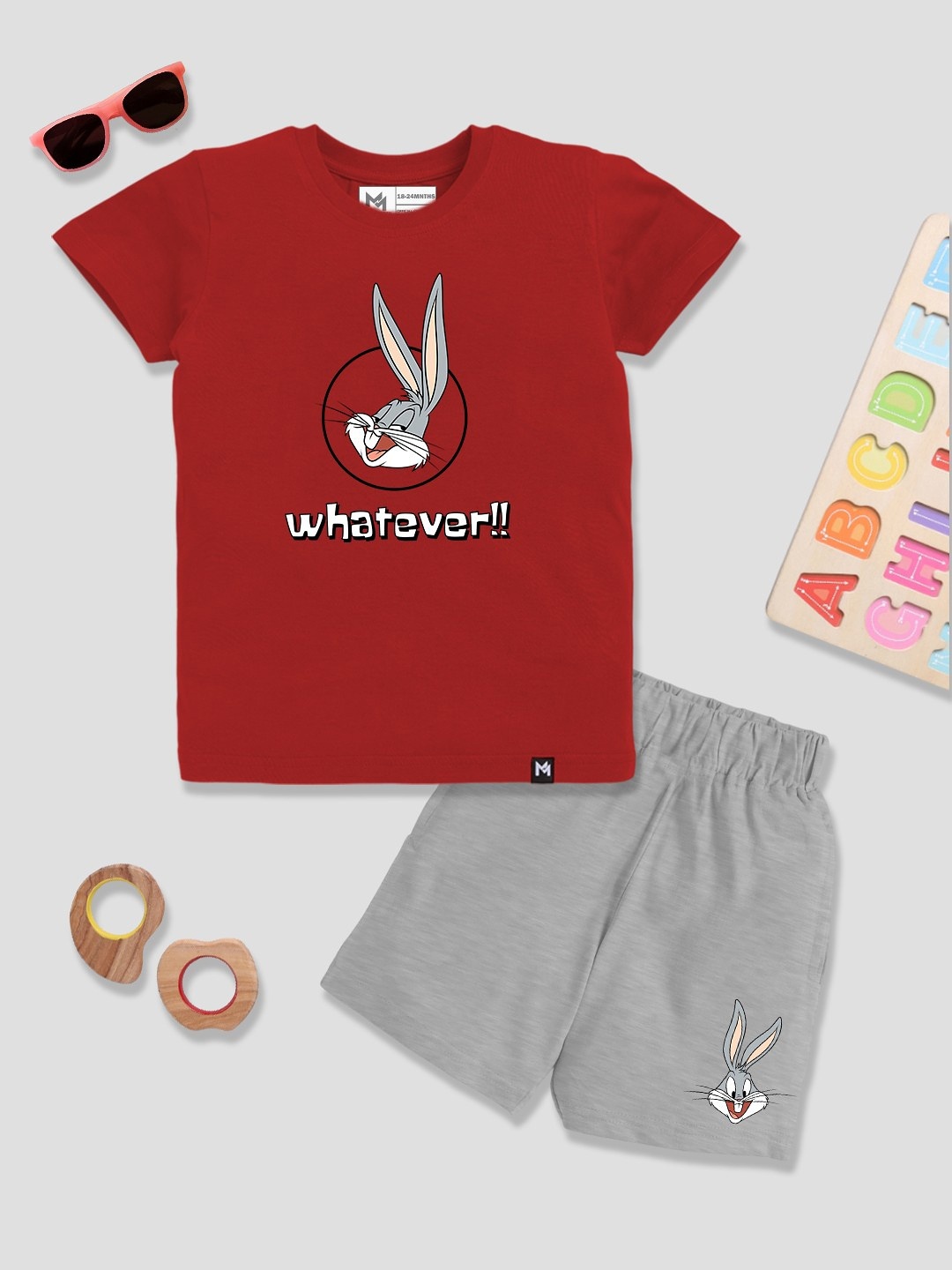 

YK X Minute Mirth Boys Bugs Bunny Printed Pure Cotton T-shirt with Shorts, Red