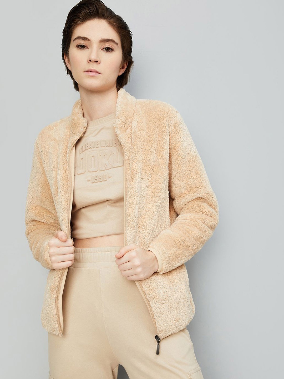 

max Women Mock Collar Self Design Casual Open Front Jacket, Beige