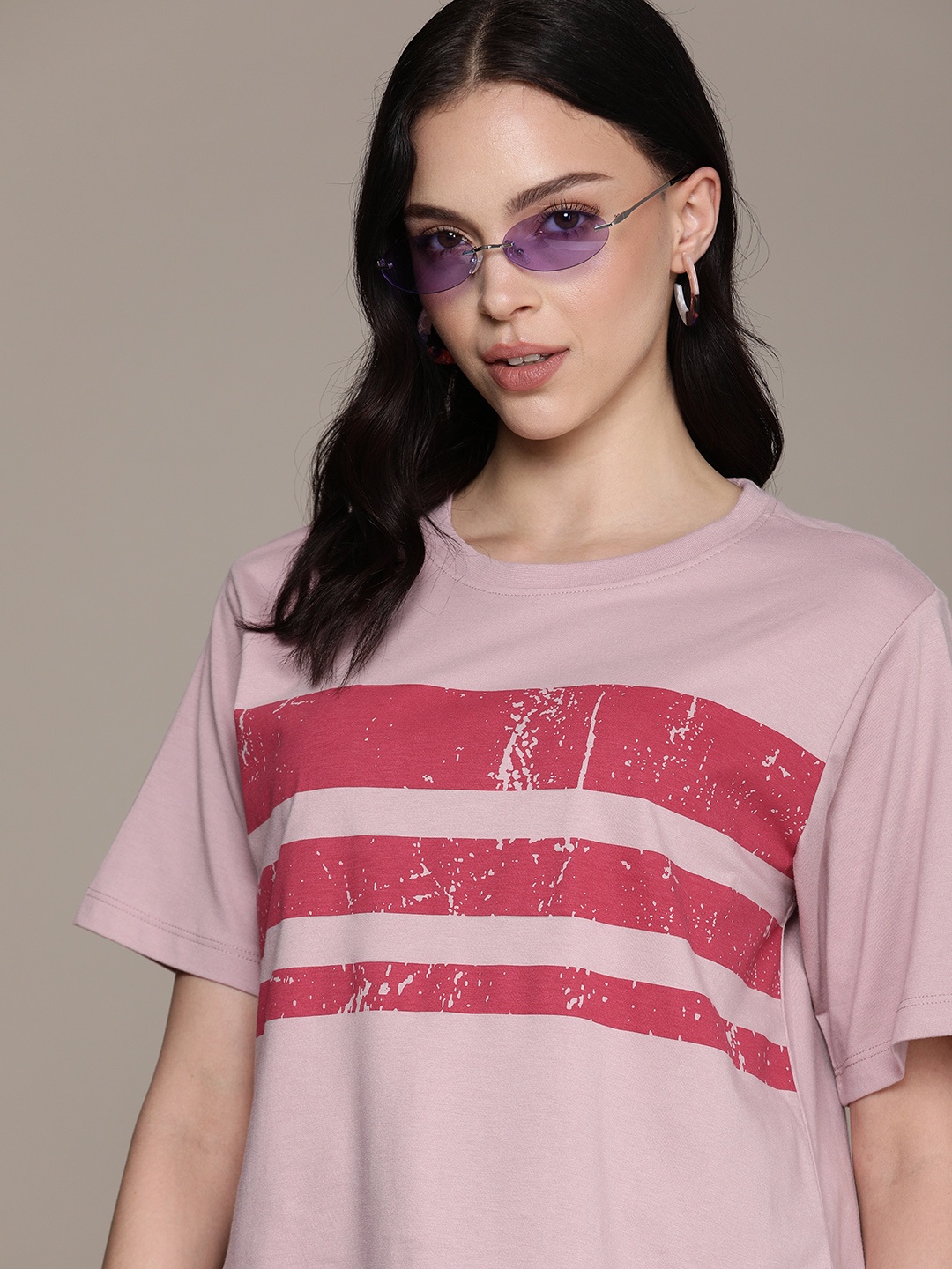 

The Roadster Lifestyle Co. Women Striped Pure Cotton T-shirt, Pink