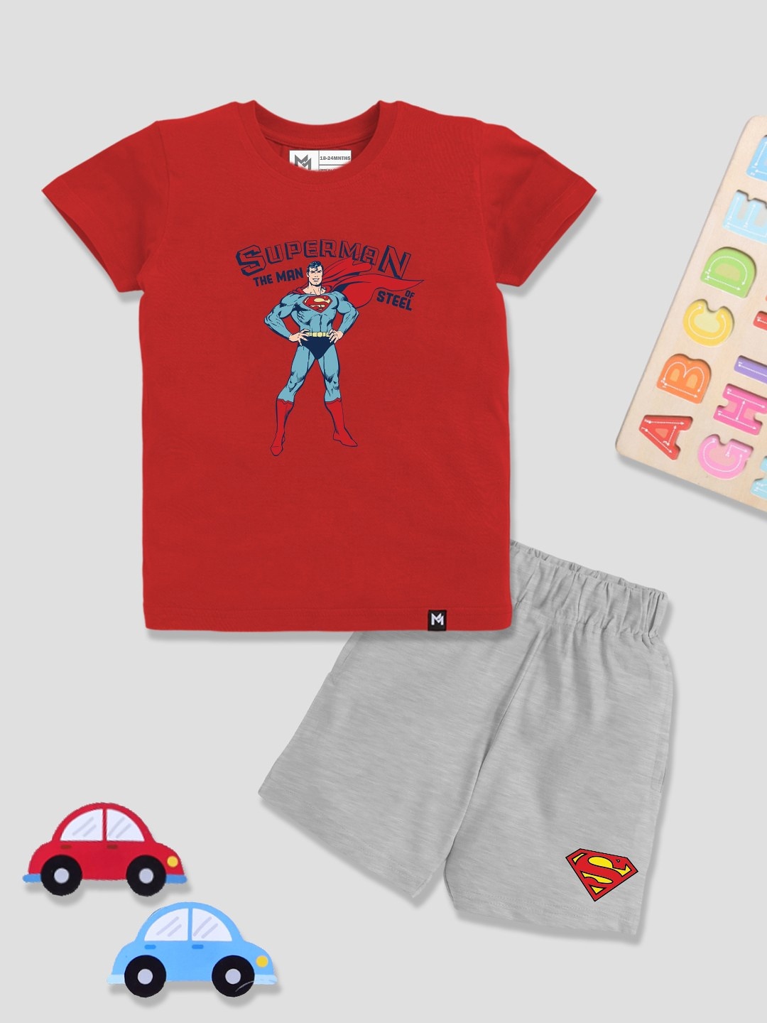 

YK X Minute Mirth Infant Boys Superman Printed Pure Cotton T-shirt & Shorts, Red