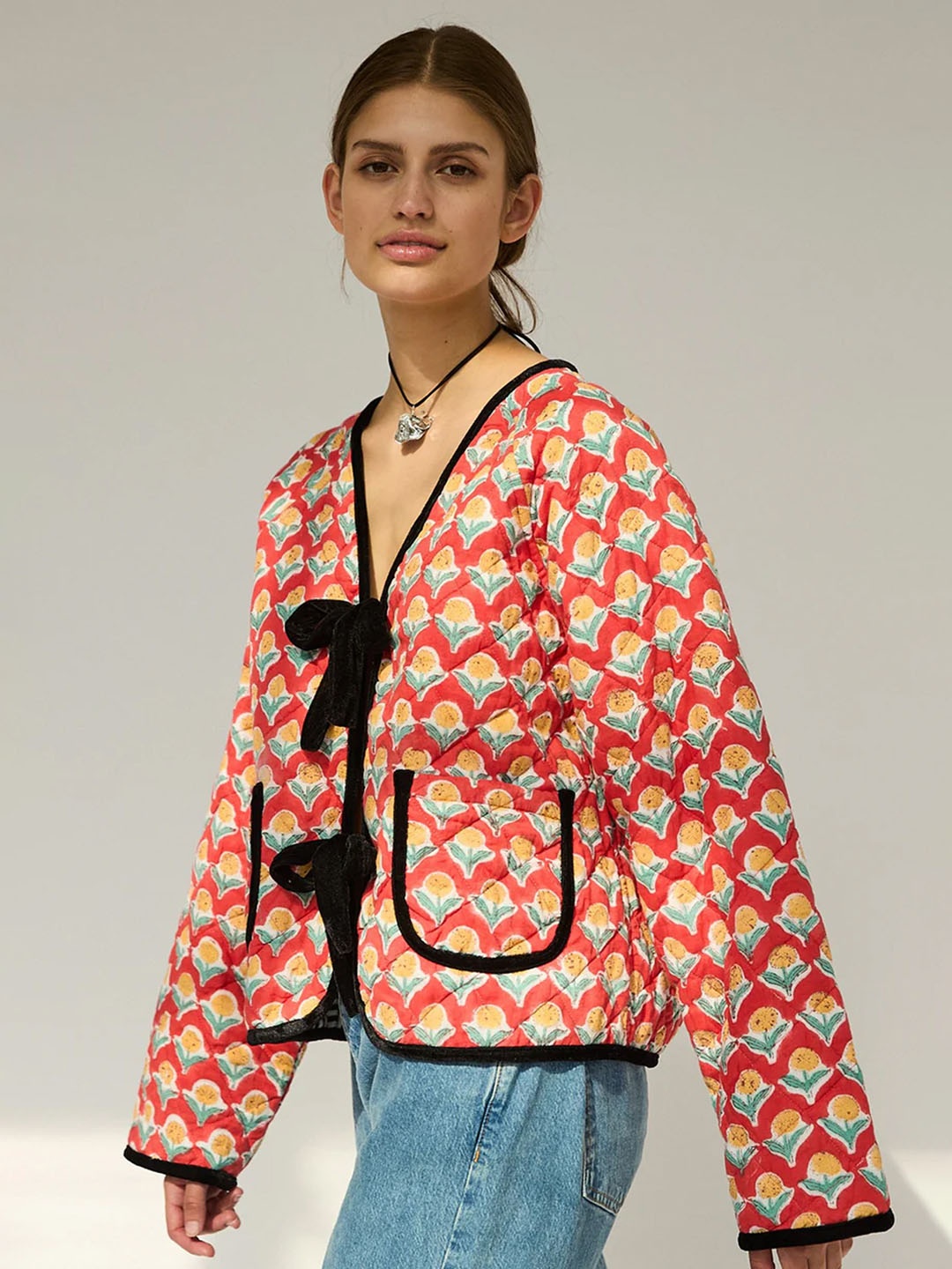 

LULU & SKY Women Tie-up Open Front Jacket with Embroidered, Orange
