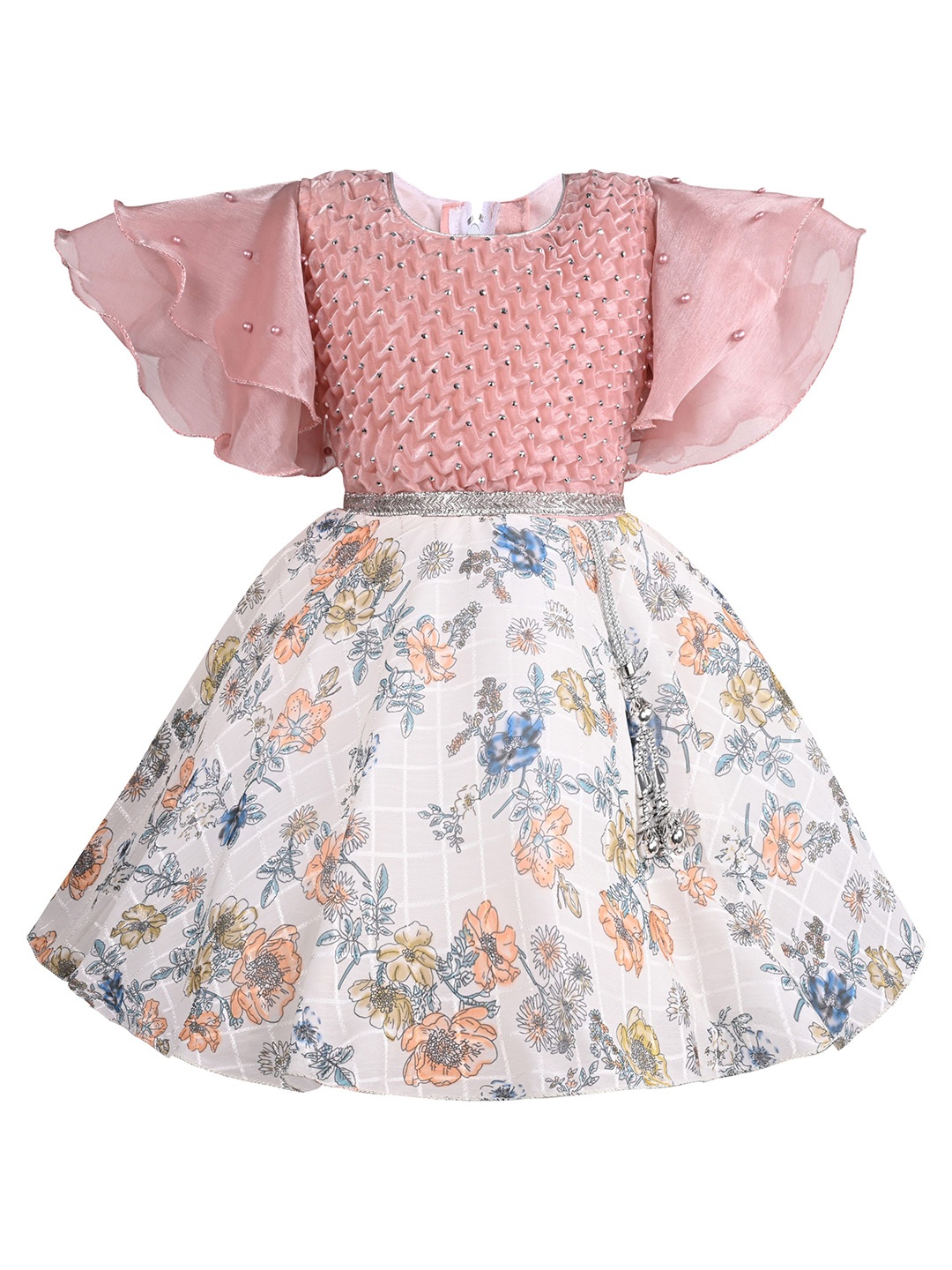

Wish Karo Girls Floral Print Flared Sleeve Fit & Flare Dress, Peach