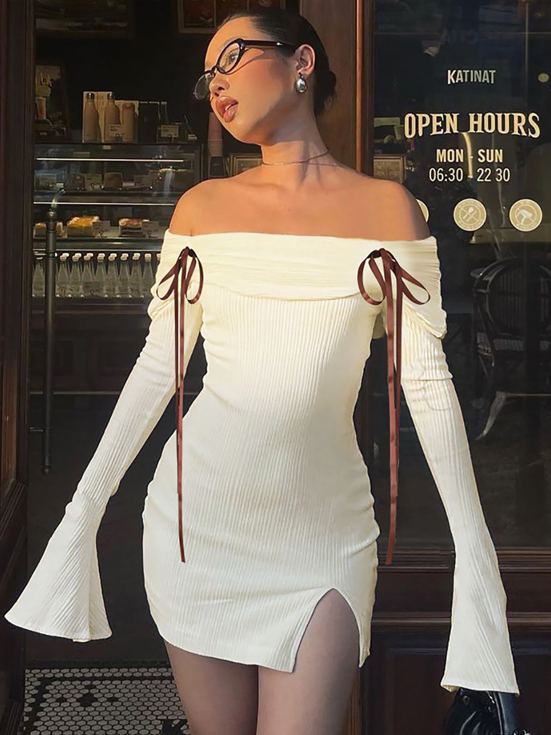 

StyleCast x Revolte Off-Shoulder Bodycon Mini Dress, Beige