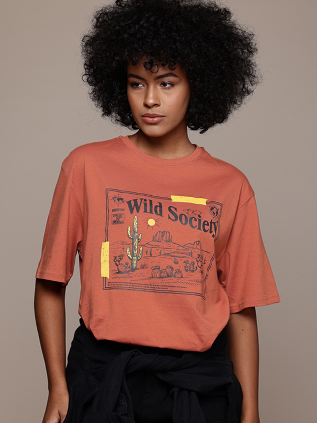 

The Roadster Lifestyle Co. Printed Drop-Shoulder Oversized Pure Cotton T-shirt, Rust