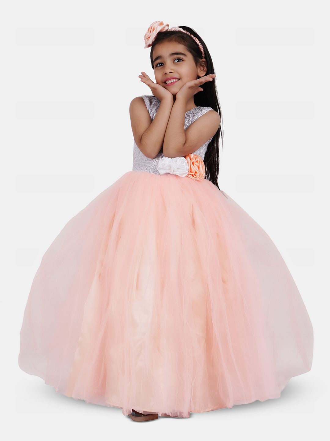 

Wish little Girls Embellished Net Fit and Flare Party Wear Maxi Dress, Peach