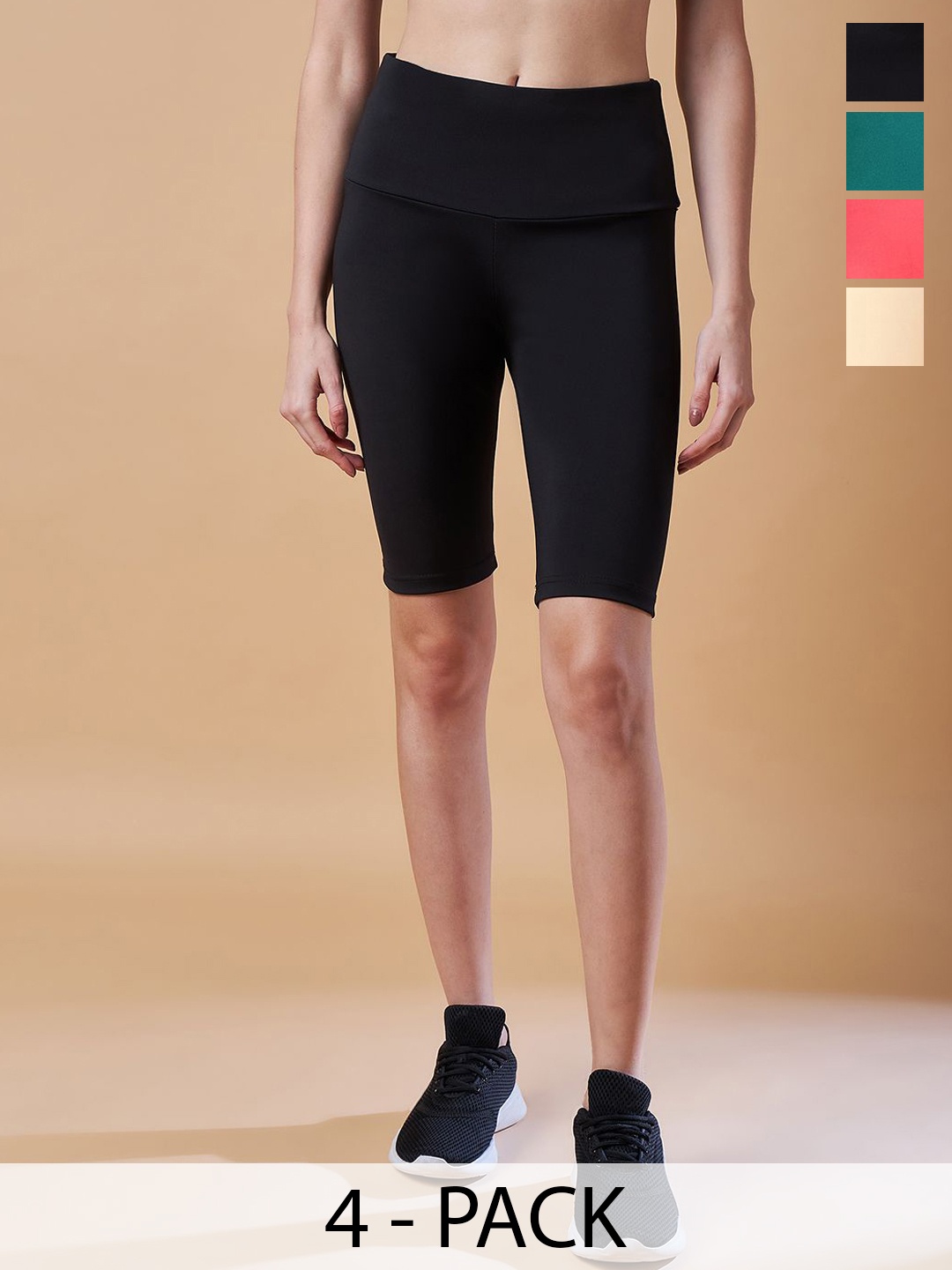 

COLOR CAPITAL Women Pack of 4 Above Knee Length Cycling Tights, Coral
