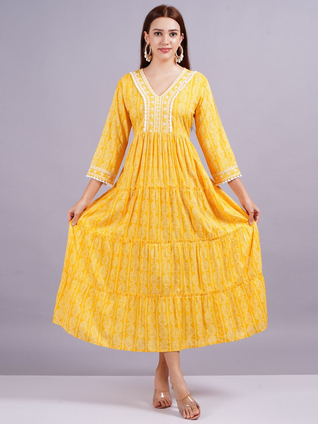 

KALINI Women V-Neck Ethnic Motifs Print Ruffles Maxi Dress, Yellow