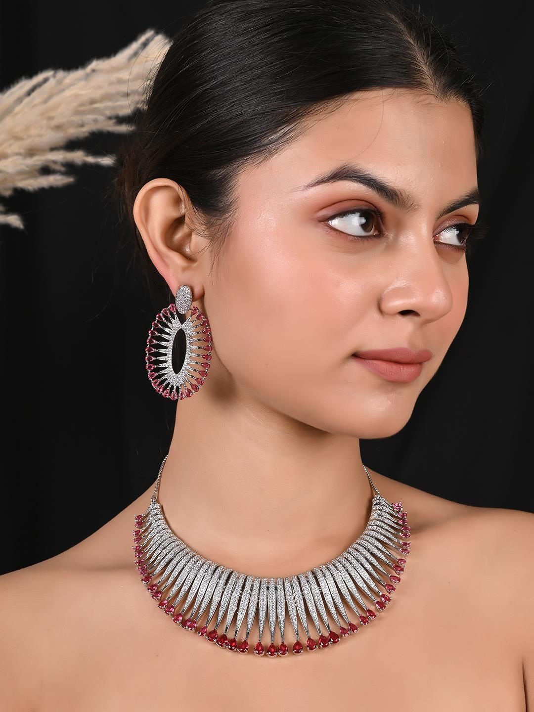 

RATNAVALI JEWELS Silver-Plated AD Stone-Studded Jewellery Set